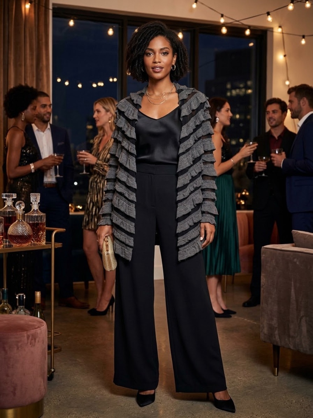 Frank Lyman Design Black with Gray Ruffle Cardigan